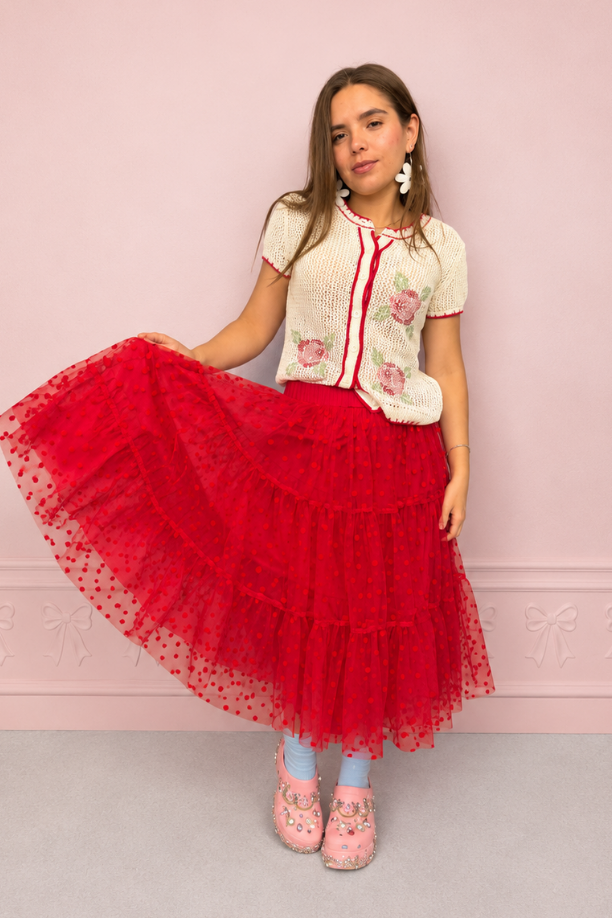 Falda midi roja plumeti