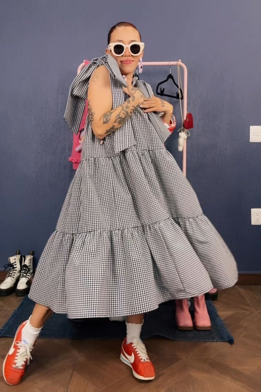 Vestido falda Vichy maxi lazos